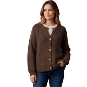 Chic Happens 100% Cashmere Brown Cardigan Size L Button Front Thick Warm Plush